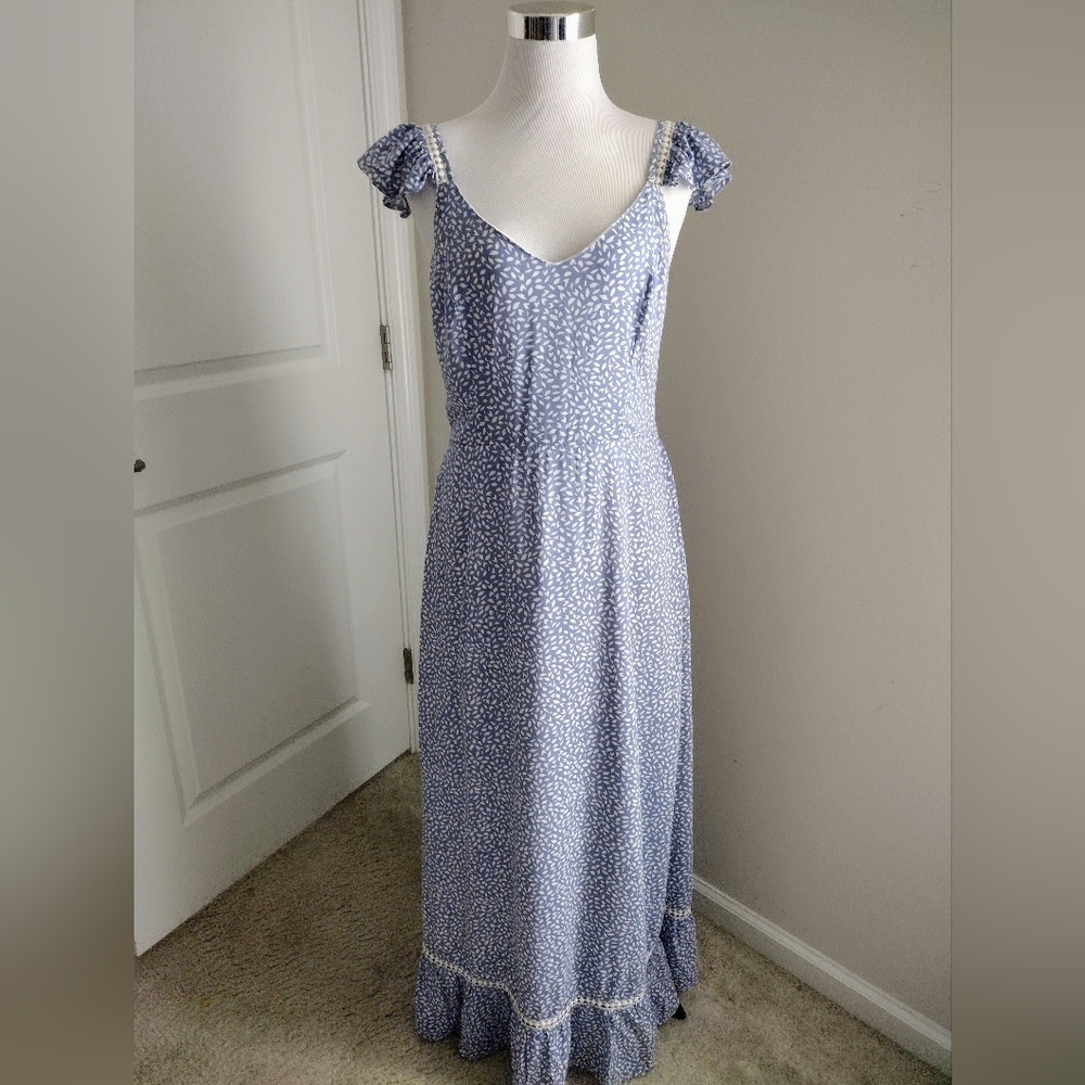 JAPNA Blue Ruffle Cap Sleeve Maxi Dress size L